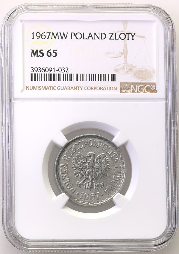 PRL. 1 złoty 1967 aluminium NGC MS65